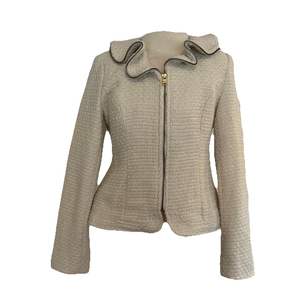 Trenz Theresa Renz Jacket Med Tweed Cream/White Ruffle Collar Gold Zipper Career